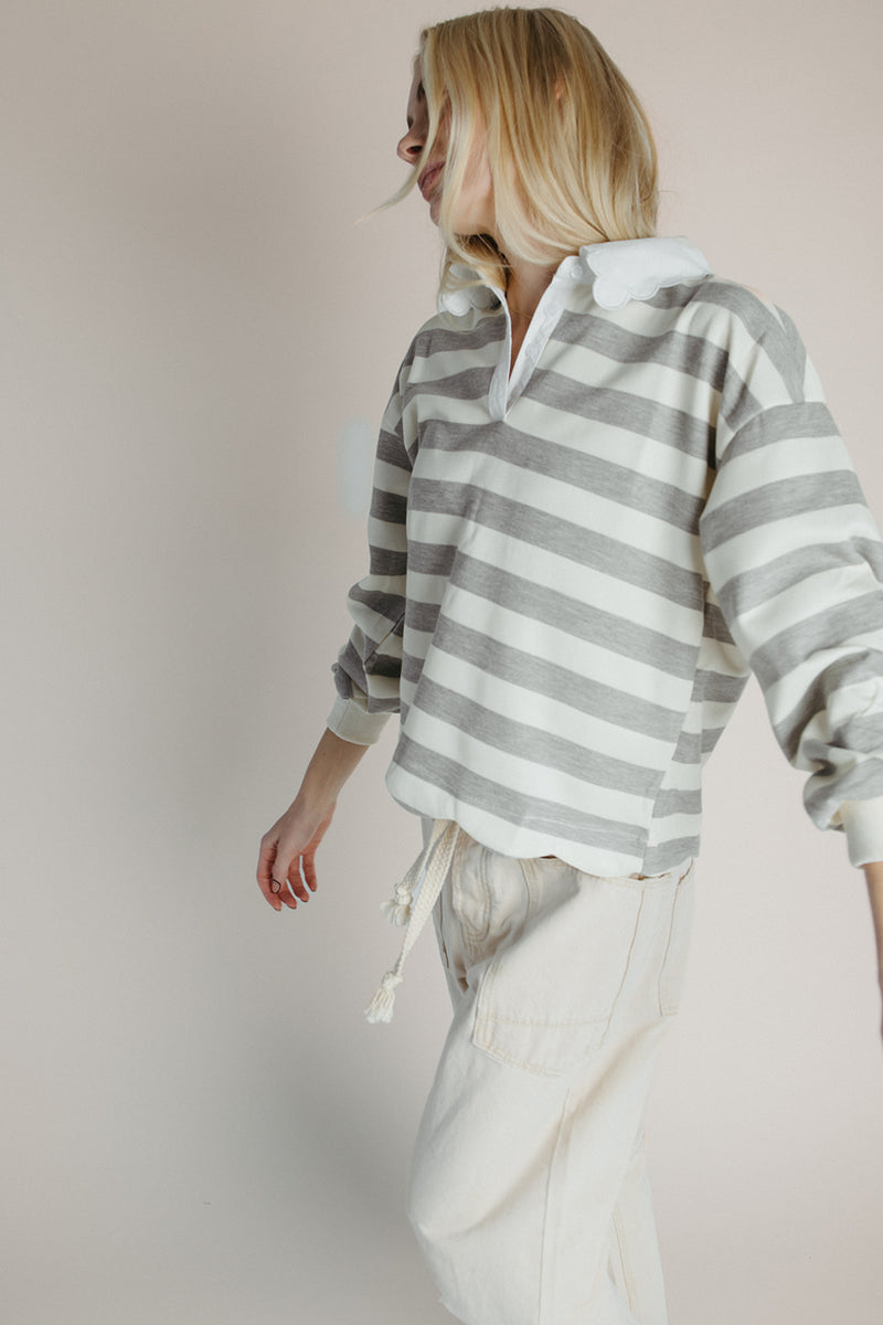 The Bowery Polo Blouse in Heather Grey + Ivory