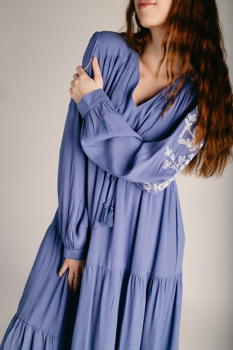 piper and scoot embroidered dress The Chardon Gingham Embroidered Maxi Dress in Cloud Blue Small
