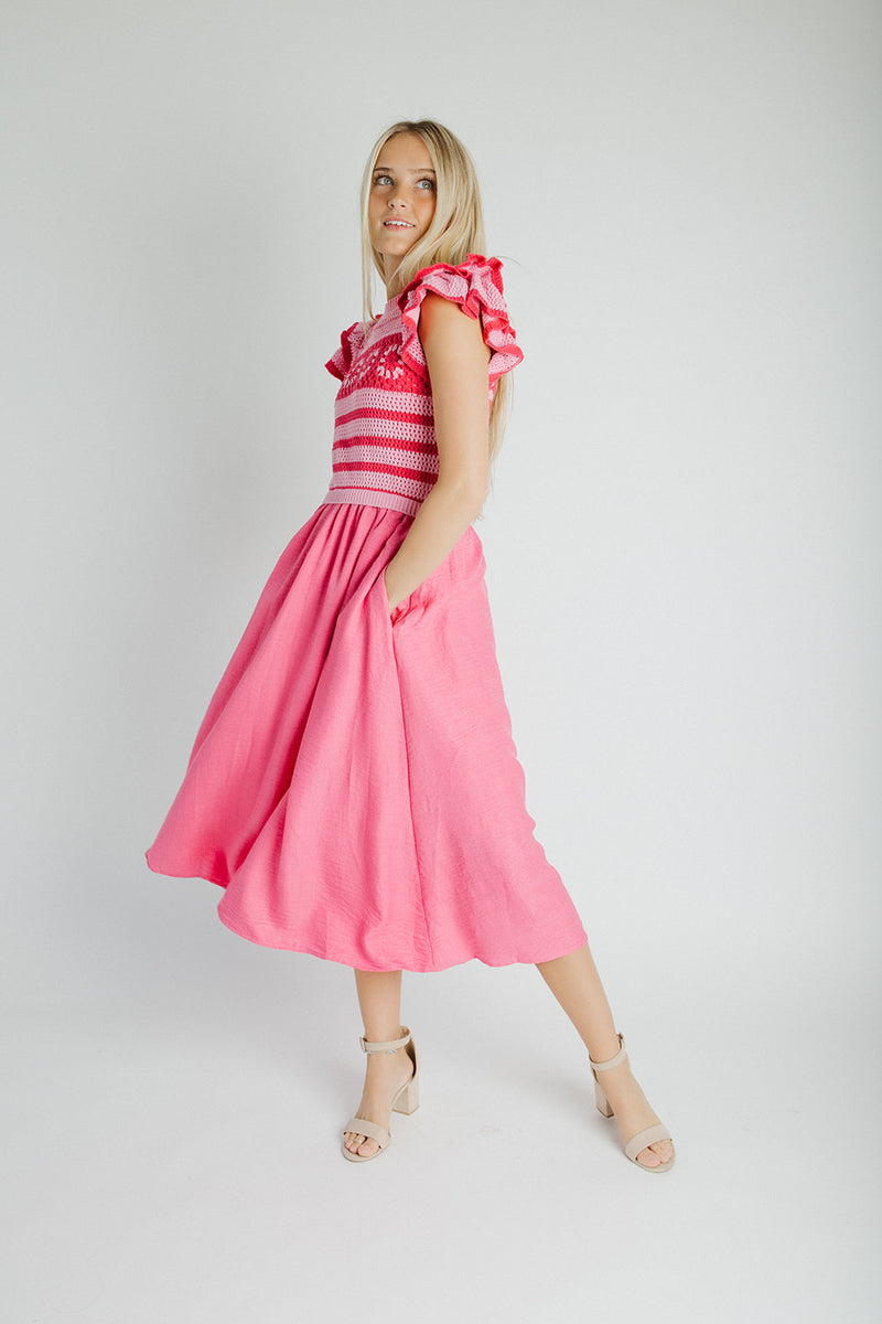 The Blaire Crochet Bodice Midi Dress in Pink