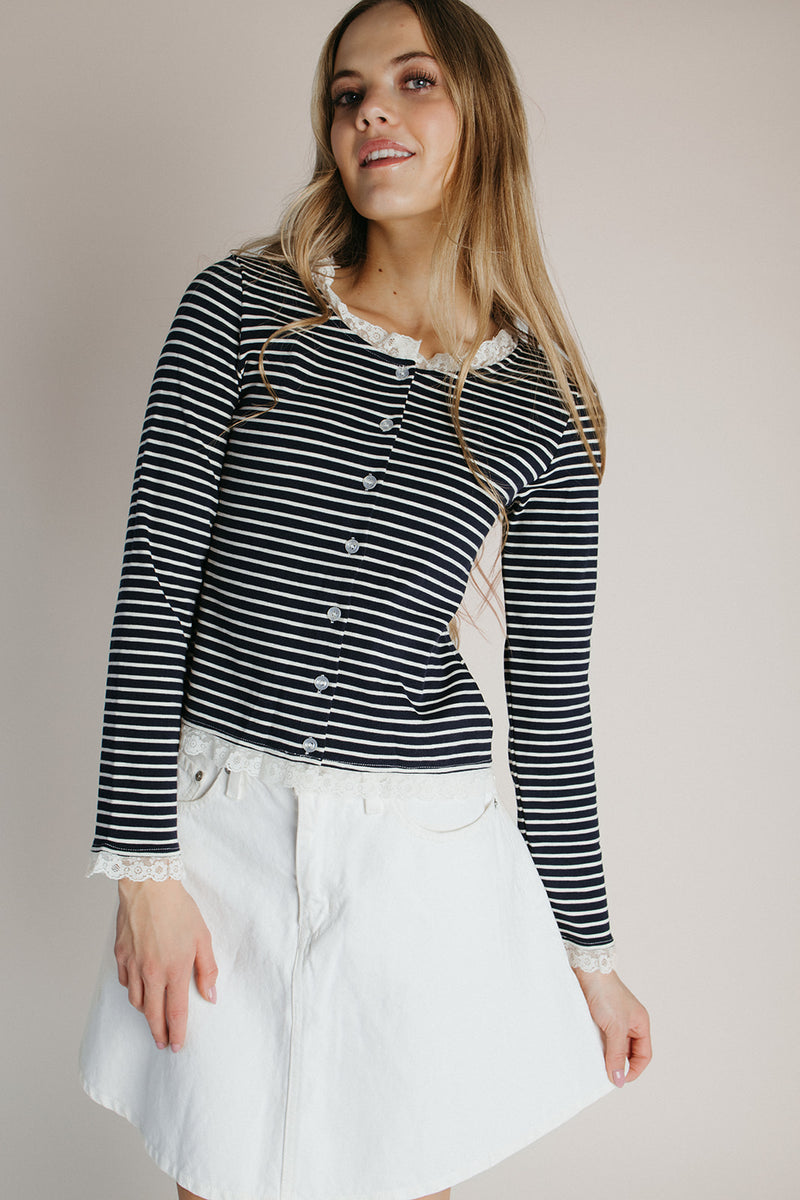 The Gally Striped Trim Detail Cardigan in Navy + White