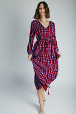 The Michelle V-Neck Patterned Dress in Burgundy + Blue