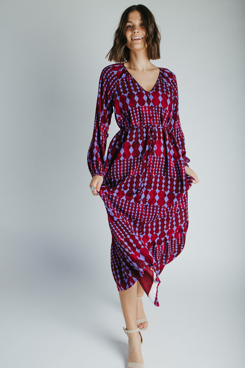 The Michelle V-Neck Patterned Dress in Burgundy + Blue