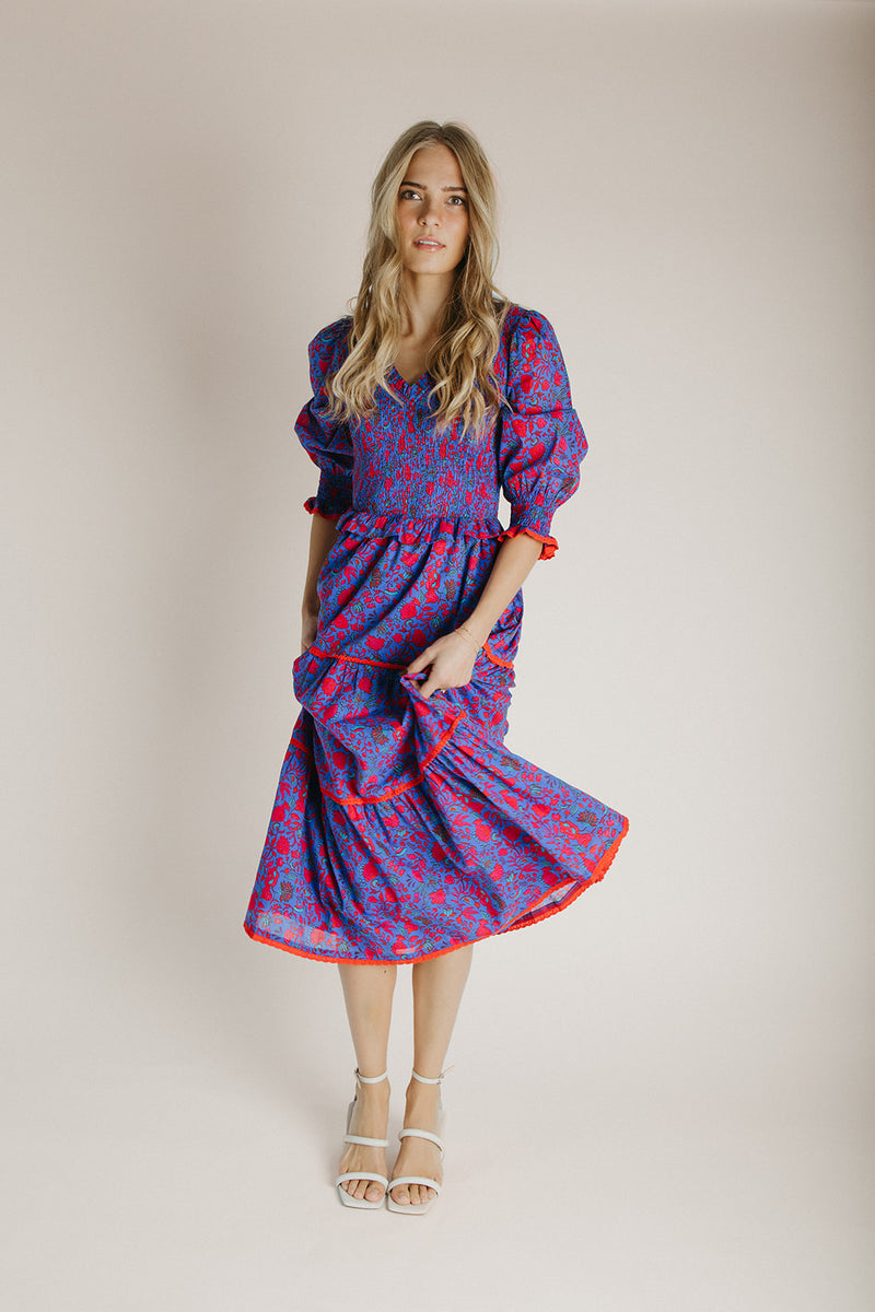The Snook Smocked Floral Midi Dress in Blue + Fuchsia