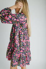 The Jarding Floral Tiered Dress in Navy + Fuchsia