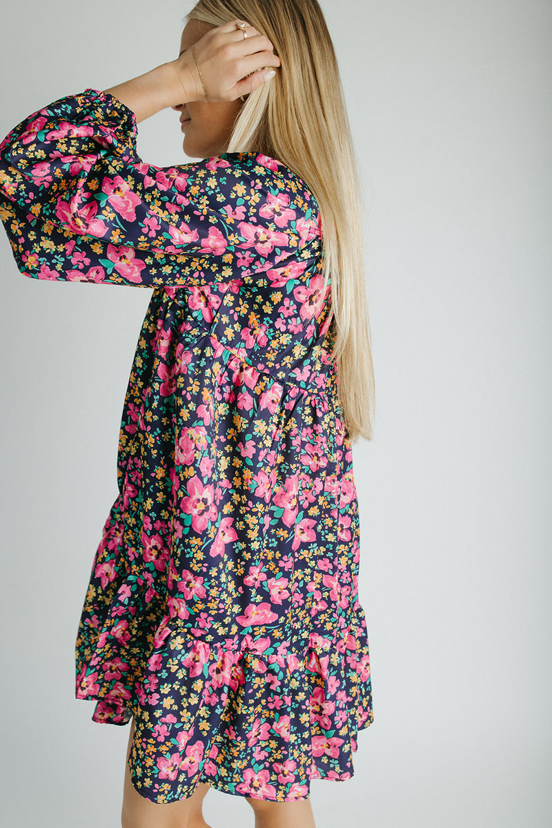 The Jarding Floral Tiered Dress in Navy + Fuchsia