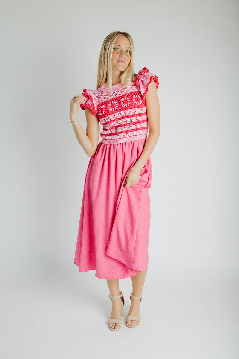 The Blaire Crochet Bodice Midi Dress in Pink