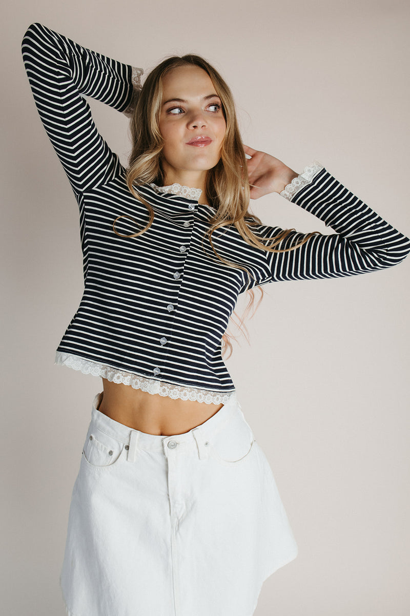 The Gally Striped Trim Detail Cardigan in Navy + White