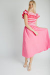 The Blaire Crochet Bodice Midi Dress in Pink