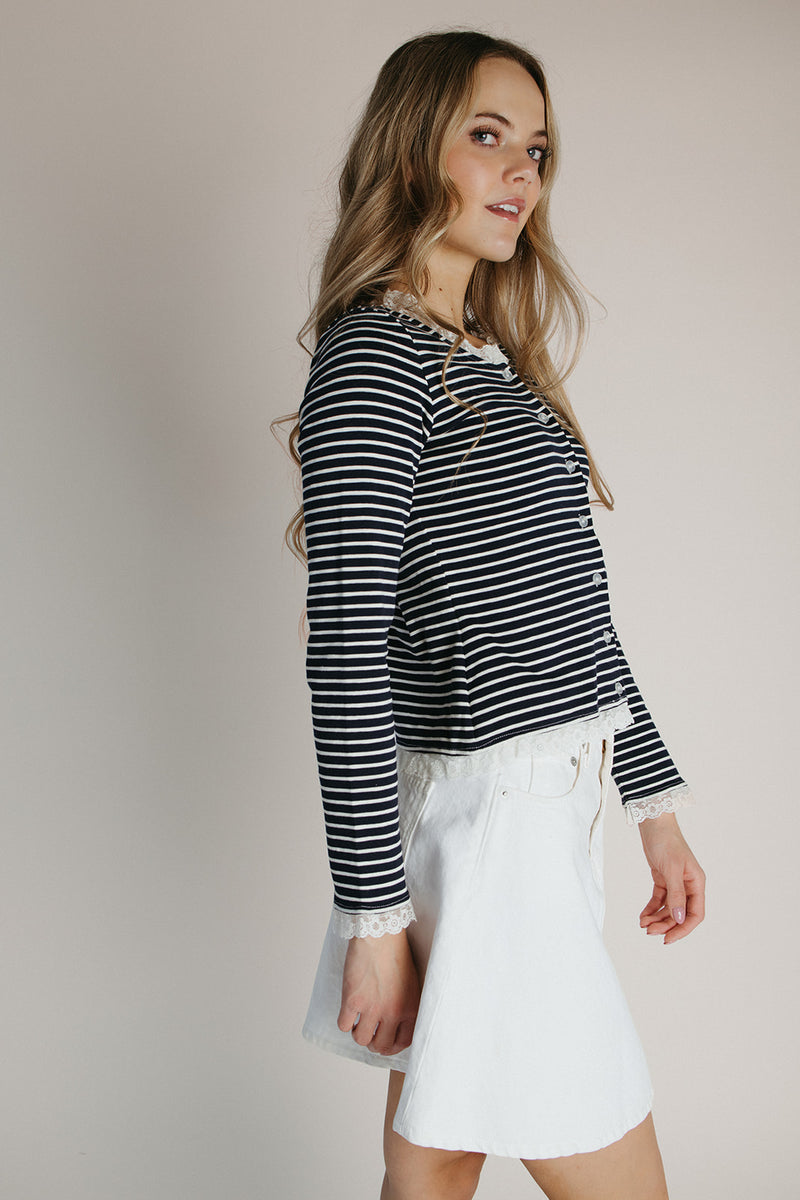 The Gally Striped Trim Detail Cardigan in Navy + White