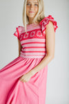 The Blaire Crochet Bodice Midi Dress in Pink