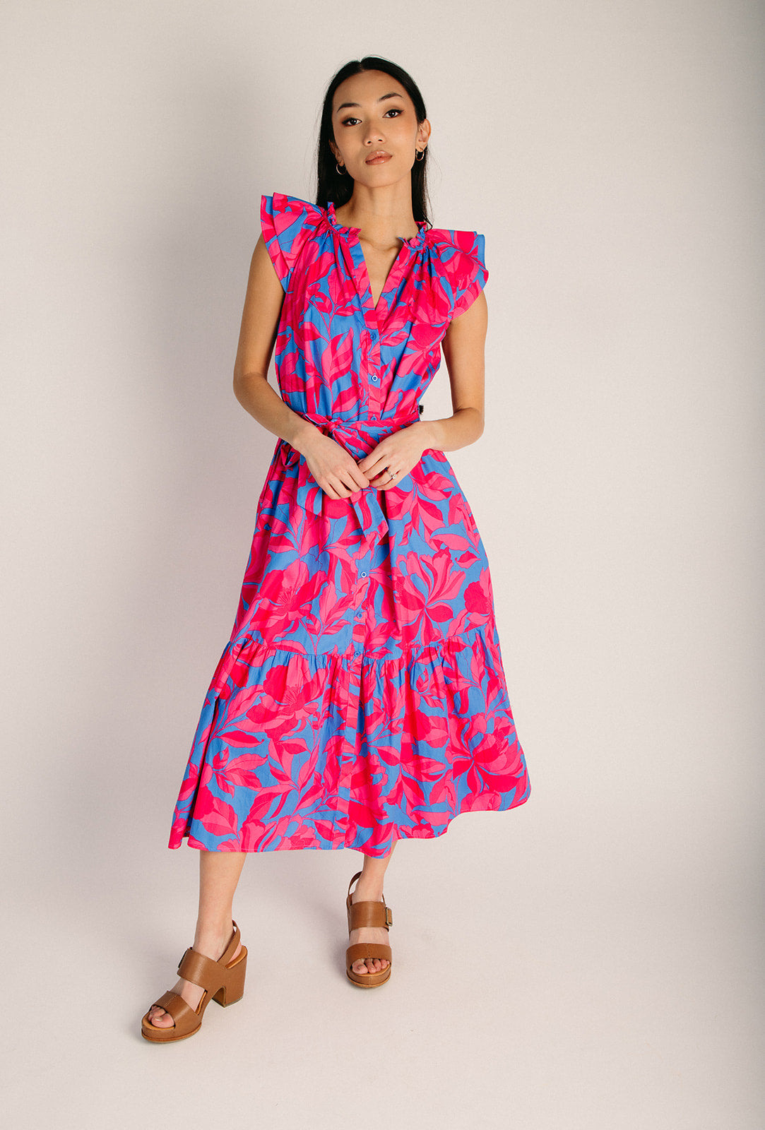 The Charlotte Floral Button-Up Midi Dress in Pink + Blue Small