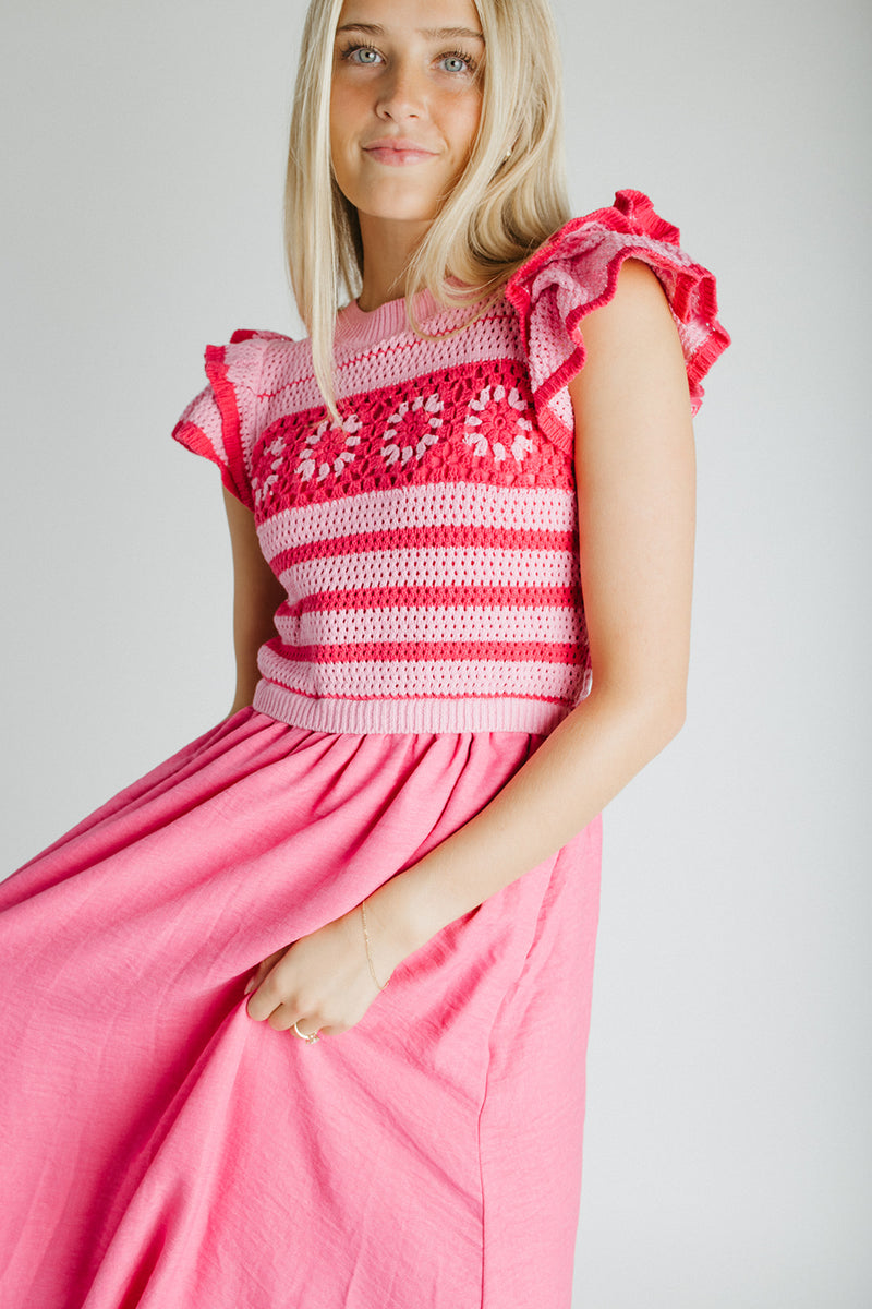 The Blaire Crochet Bodice Midi Dress in Pink