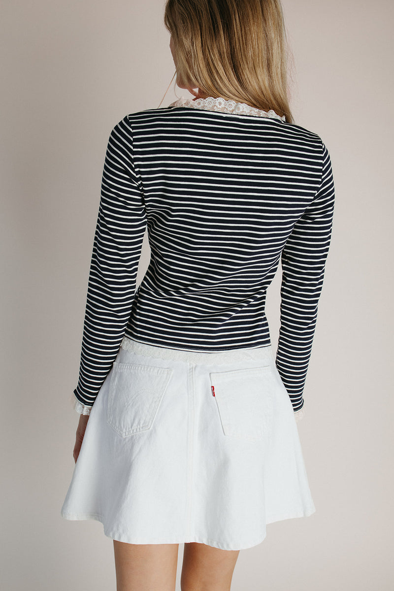 The Gally Striped Trim Detail Cardigan in Navy + White