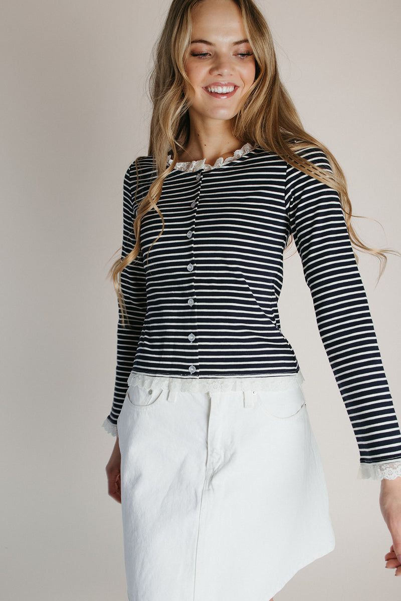 The Gally Striped Trim Detail Cardigan in Navy + White