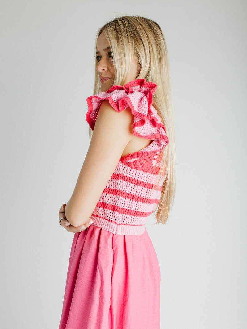 The Blaire Crochet Bodice Midi Dress in Pink