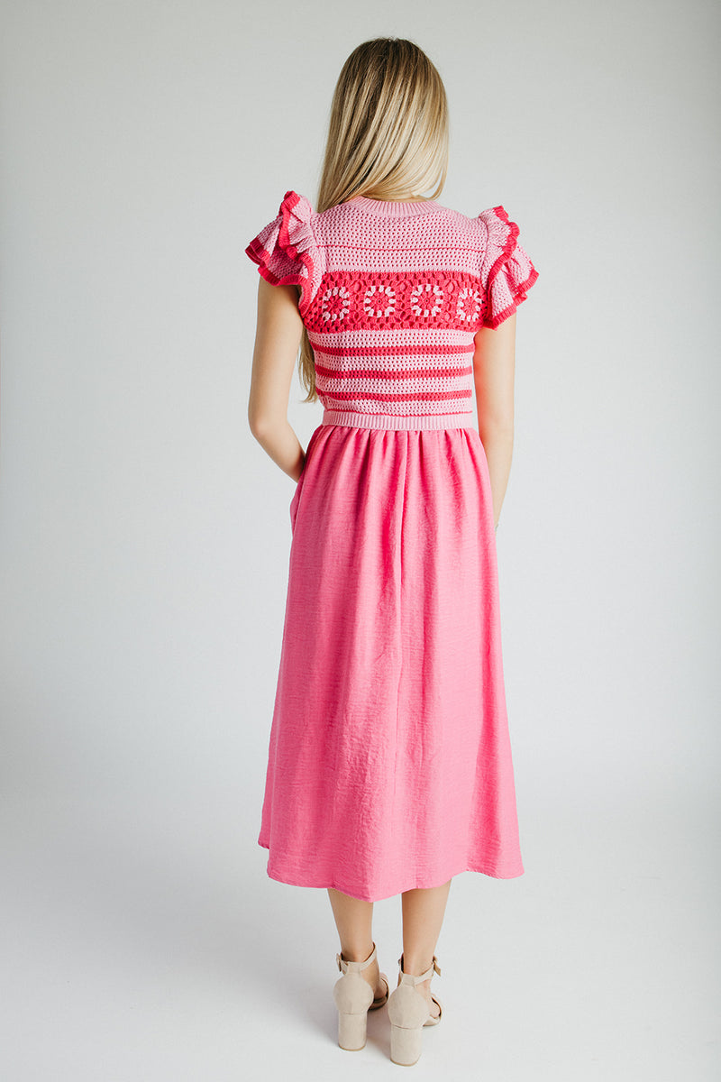 The Blaire Crochet Bodice Midi Dress in Pink