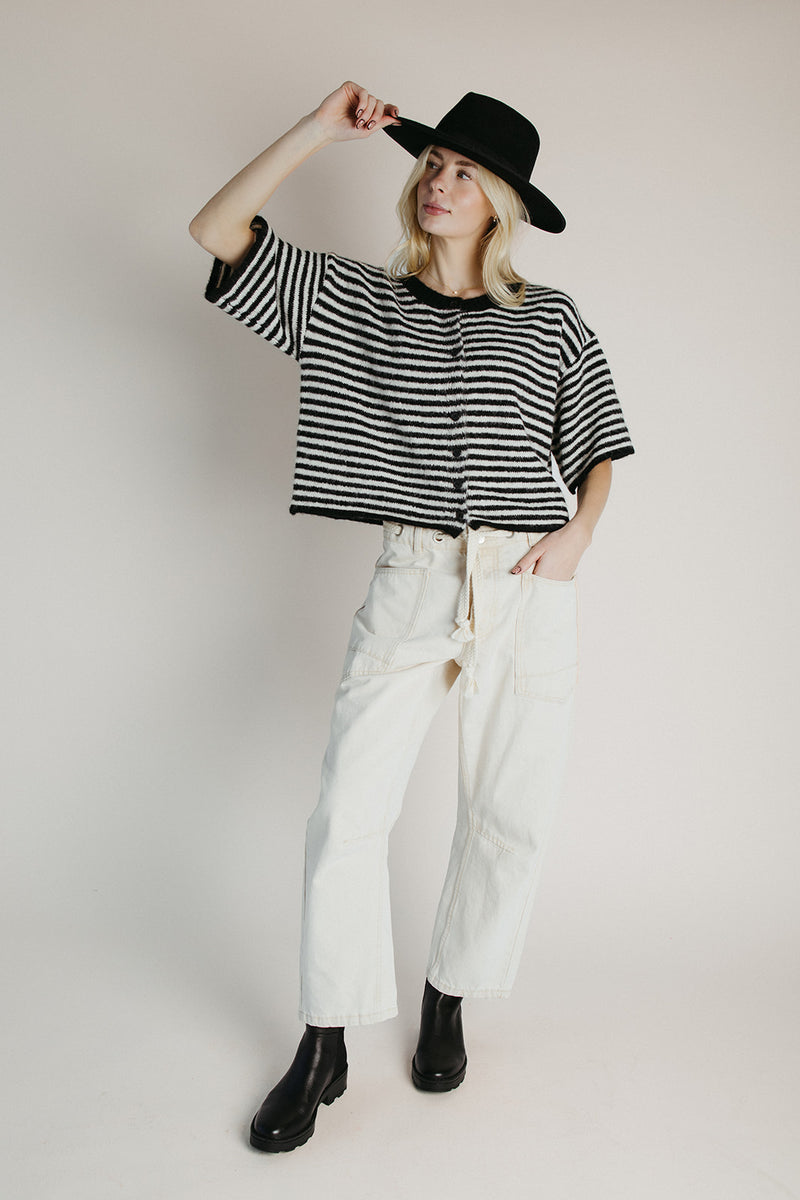 The Joanie Striped Button-Up Cardigan in Black + Ivory