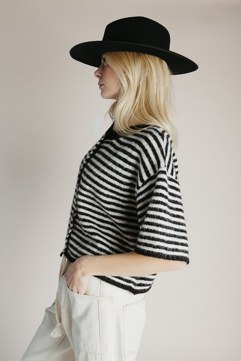 The Joanie Striped Button-Up Cardigan in Black + Ivory