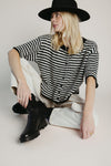 The Joanie Striped Button-Up Cardigan in Black + Ivory
