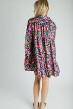 The Jarding Floral Tiered Dress in Navy + Fuchsia