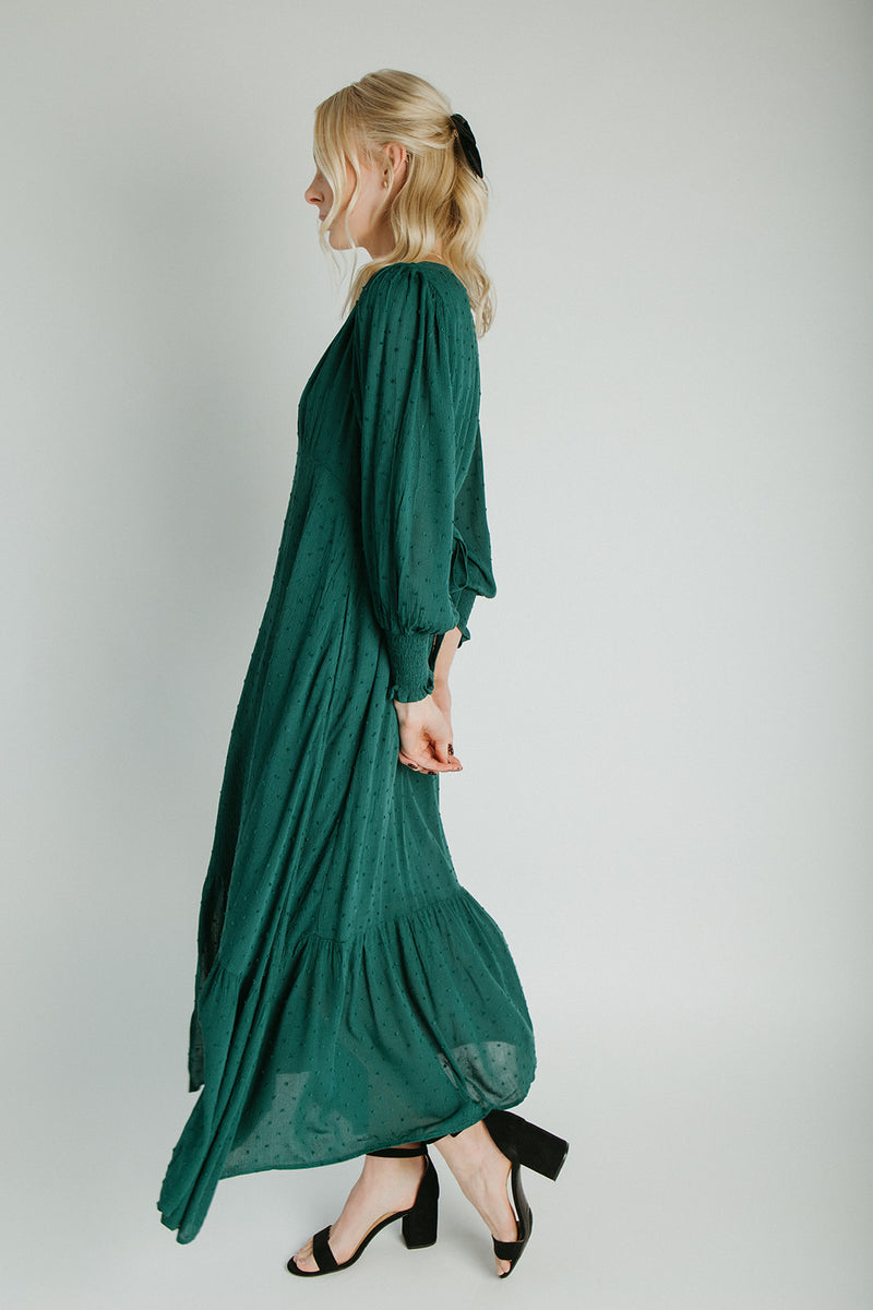 The Garvara Swiss Dot Button-Up Maxi Dress in Evergreen