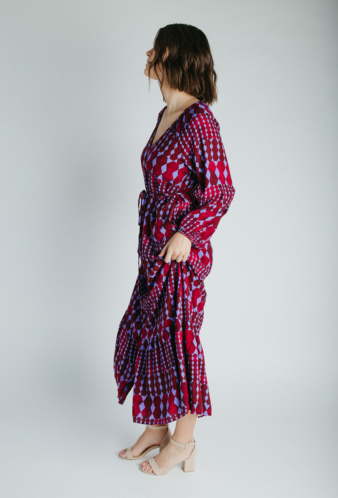 dress red white blue The Michelle V-Neck Patterned Dress in Burgundy + Blue X-Small