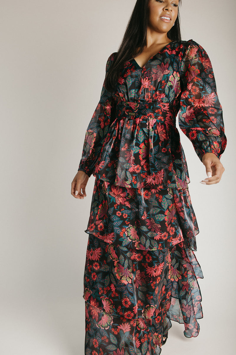 The Keshla Tiered Organza Maxi Dress in Black + Red