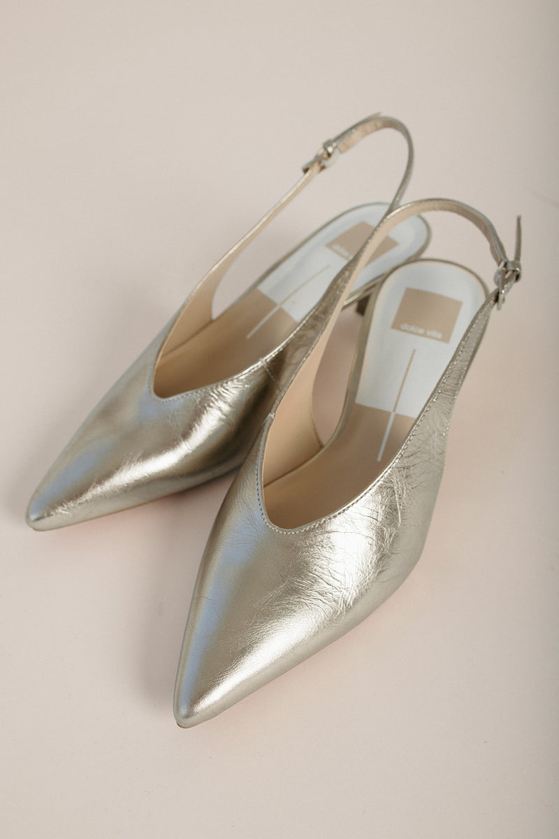 Dolce Vita: Alenna Heel in Light Gold Crinkle Patent Leather