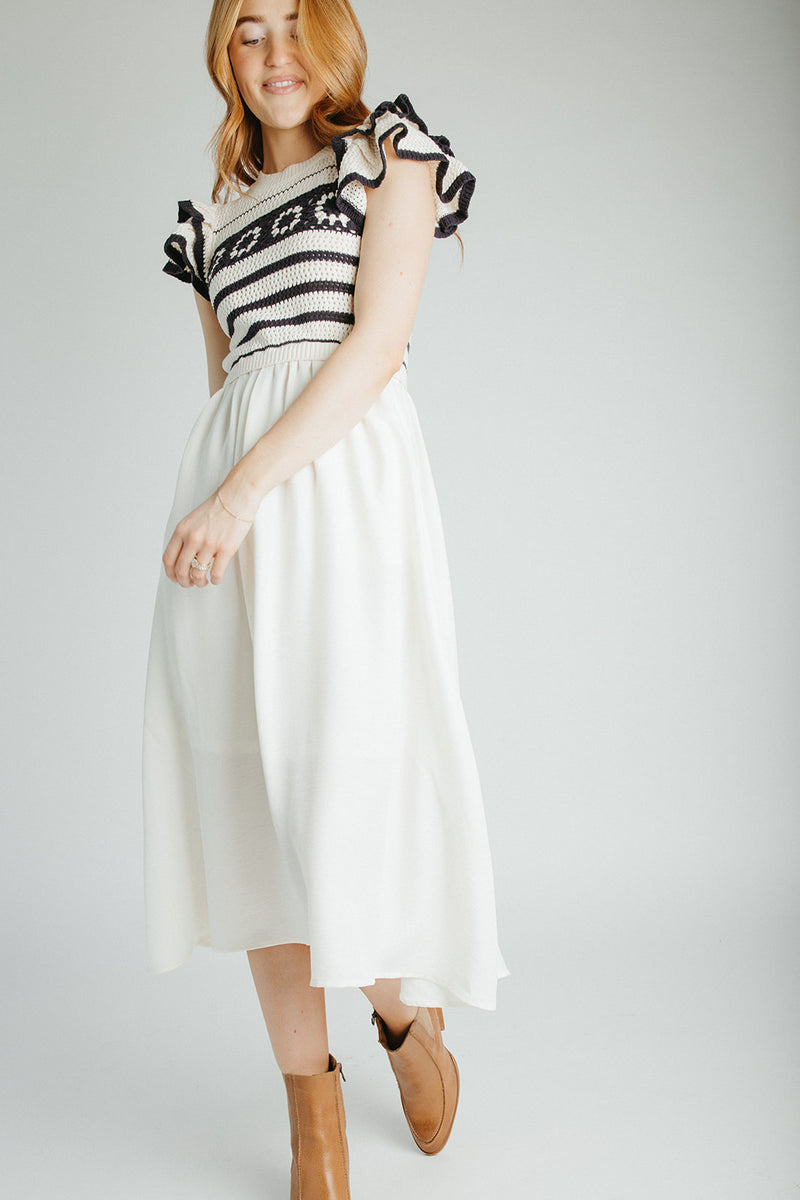 The Blaire Crochet Bodice Midi Dress in Cream