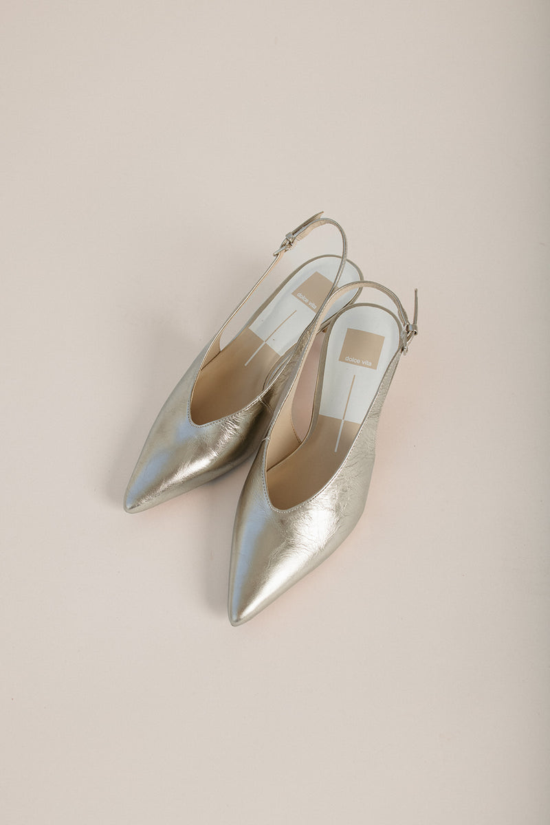 Dolce Vita: Alenna Heel in Light Gold Crinkle Patent Leather