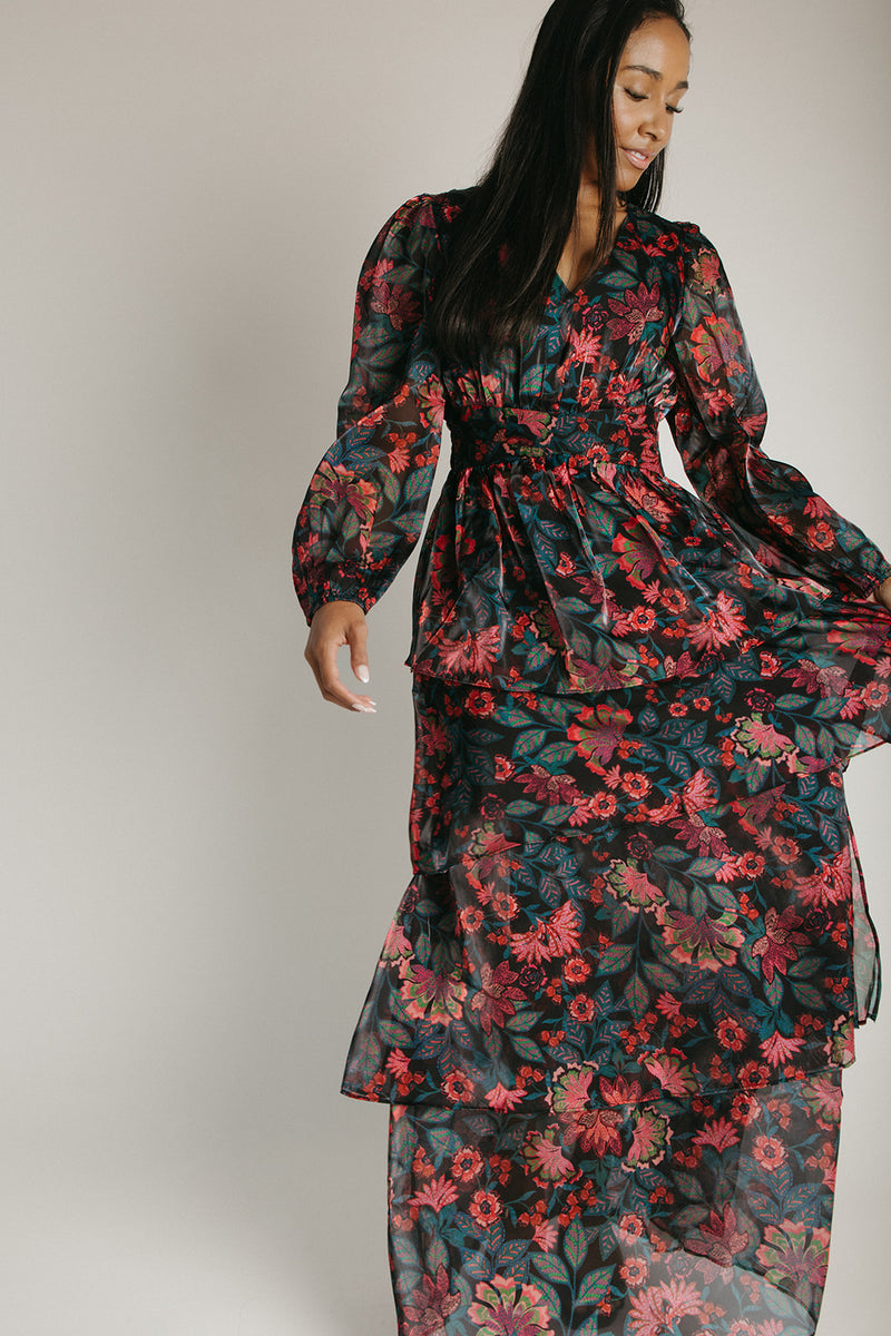 The Keshla Tiered Organza Maxi Dress in Black + Red