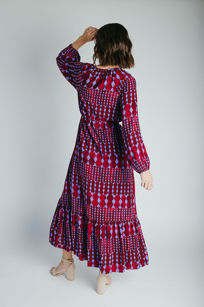 The Michelle V-Neck Patterned Dress in Burgundy + Blue