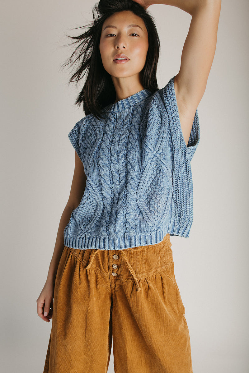 The Carice Cable Knit Sweater Vest in Vintage Denim