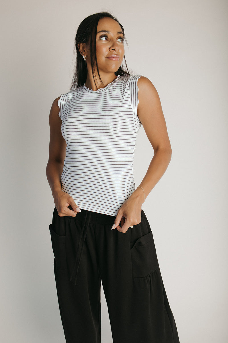 The Gianni Striped Ruffle Tank in White