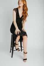 The Sasha Floral V-Neck Midi Dress in Black
