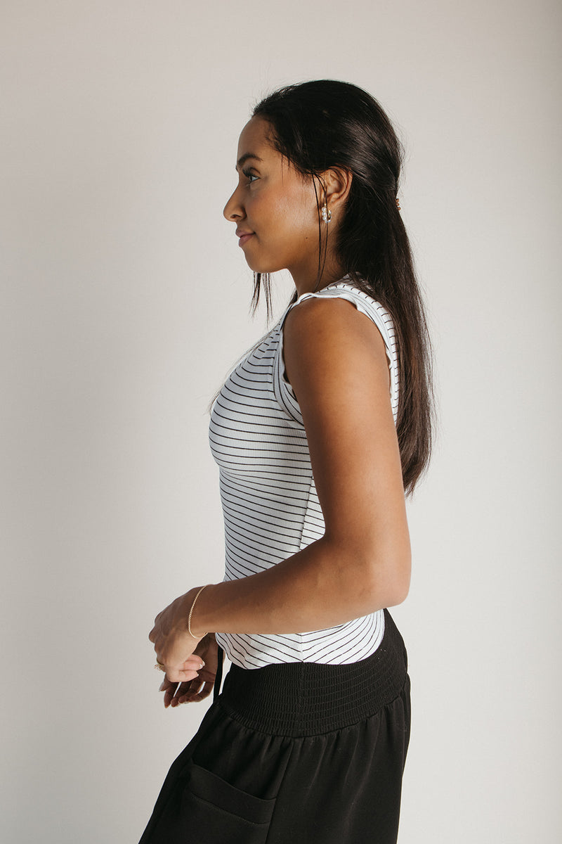 The Gianni Striped Ruffle Tank in White