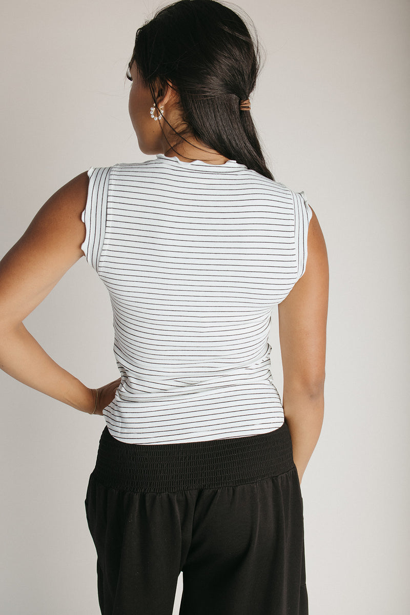The Gianni Striped Ruffle Tank in White
