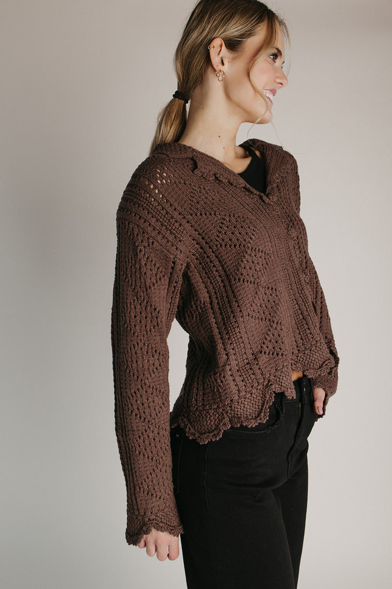 The Abigail Knit Crochet Cardigan in Brown
