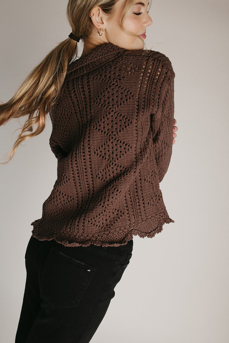 The Abigail Knit Crochet Cardigan in Brown
