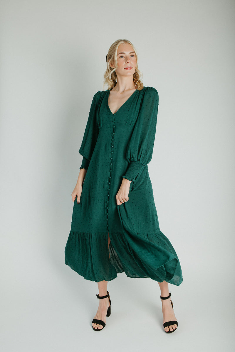 The Garvara Swiss Dot Button-Up Maxi Dress in Evergreen