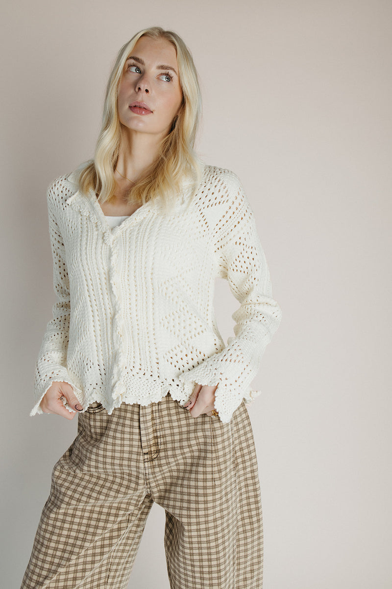 The Abigail Knit Crochet Cardigan in Off White