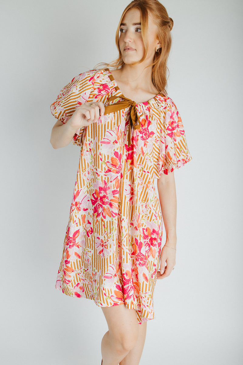 The Brinson Puff Sleeve Floral Dress in Pink + Taupe