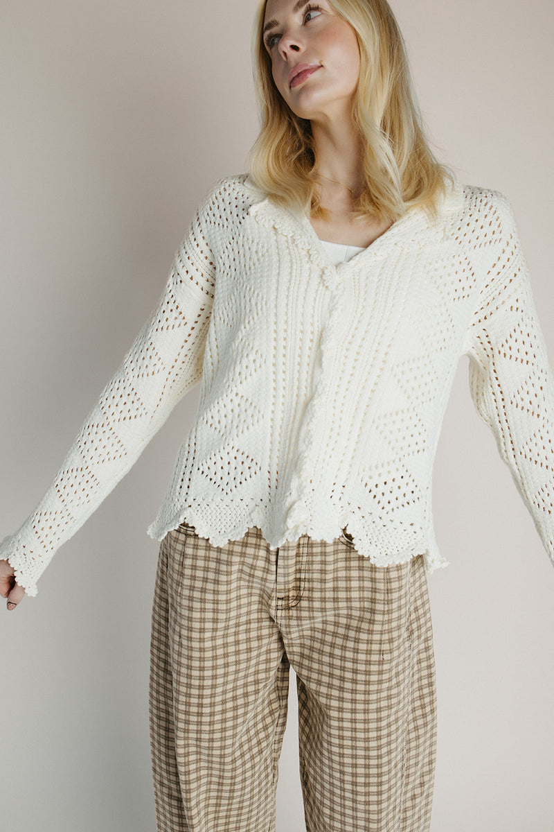The Abigail Knit Crochet Cardigan in Off White