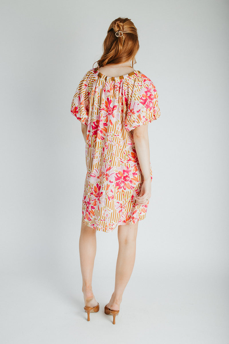 The Brinson Puff Sleeve Floral Dress in Pink + Taupe