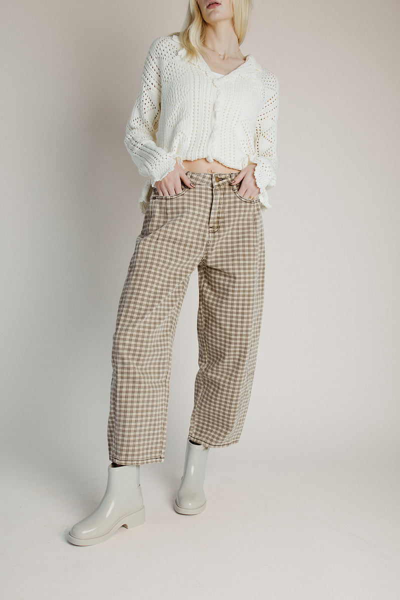 The Bettini Checkered Barrel Pant in Tan + Brown