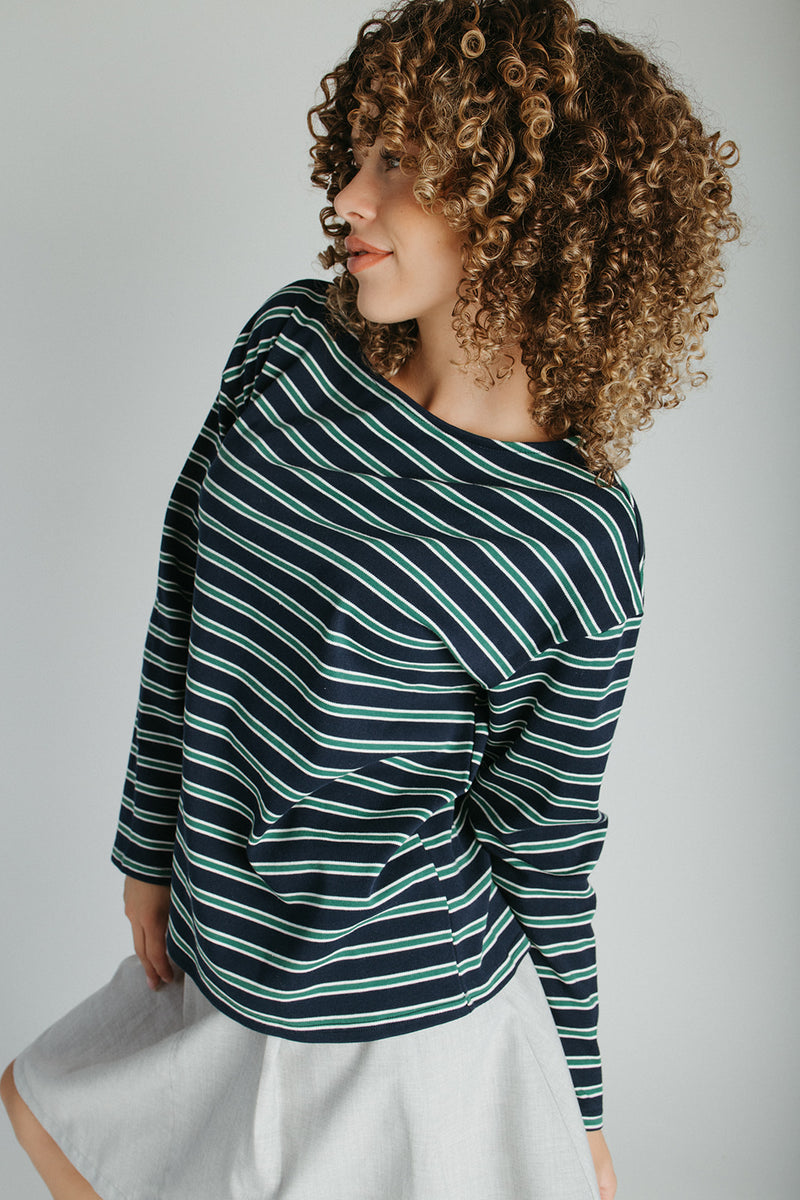 The Quigley Striped Boat Neck Tee in Navy + Green