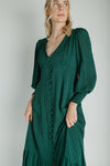 The Garvara Swiss Dot Button-Up Maxi Dress in Evergreen