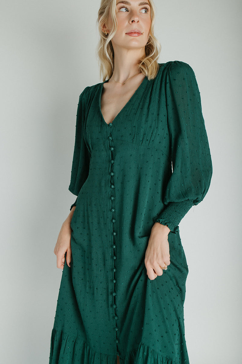 The Garvara Swiss Dot Button-Up Maxi Dress in Evergreen