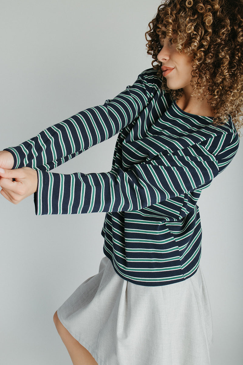 The Quigley Striped Boat Neck Tee in Navy + Green