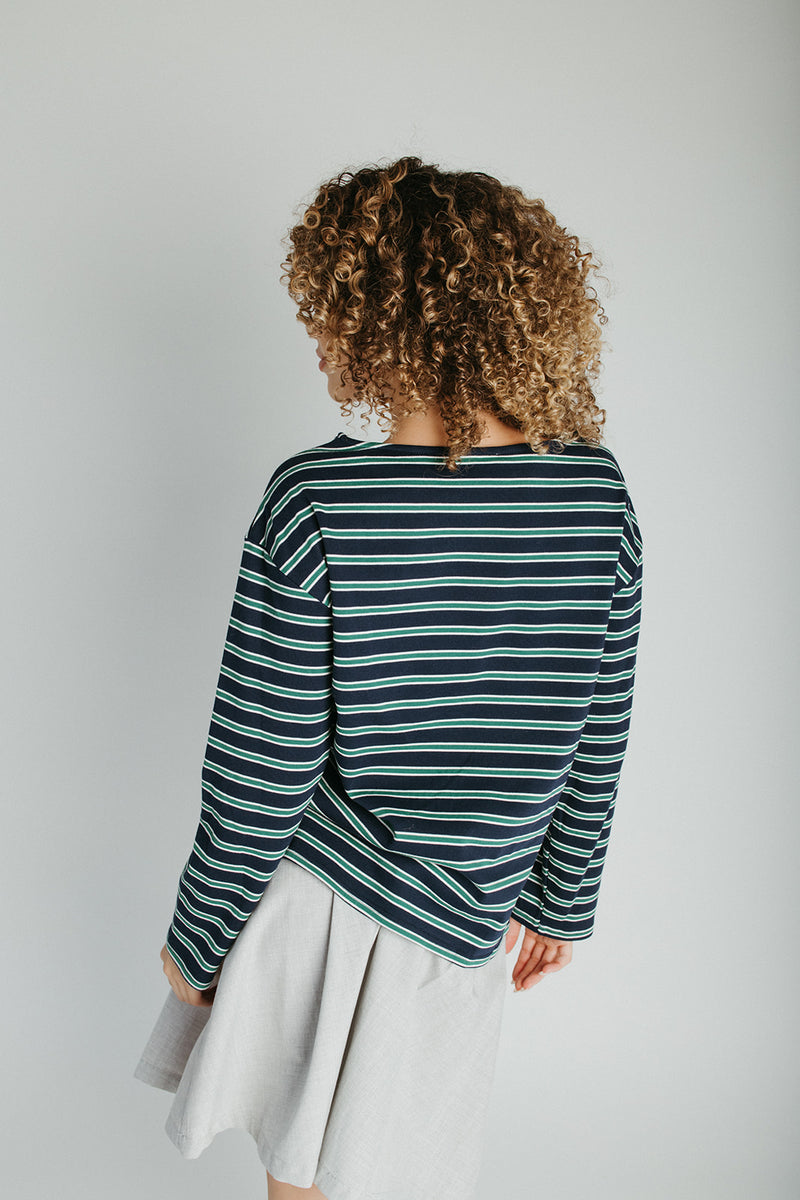 The Quigley Striped Boat Neck Tee in Navy + Green